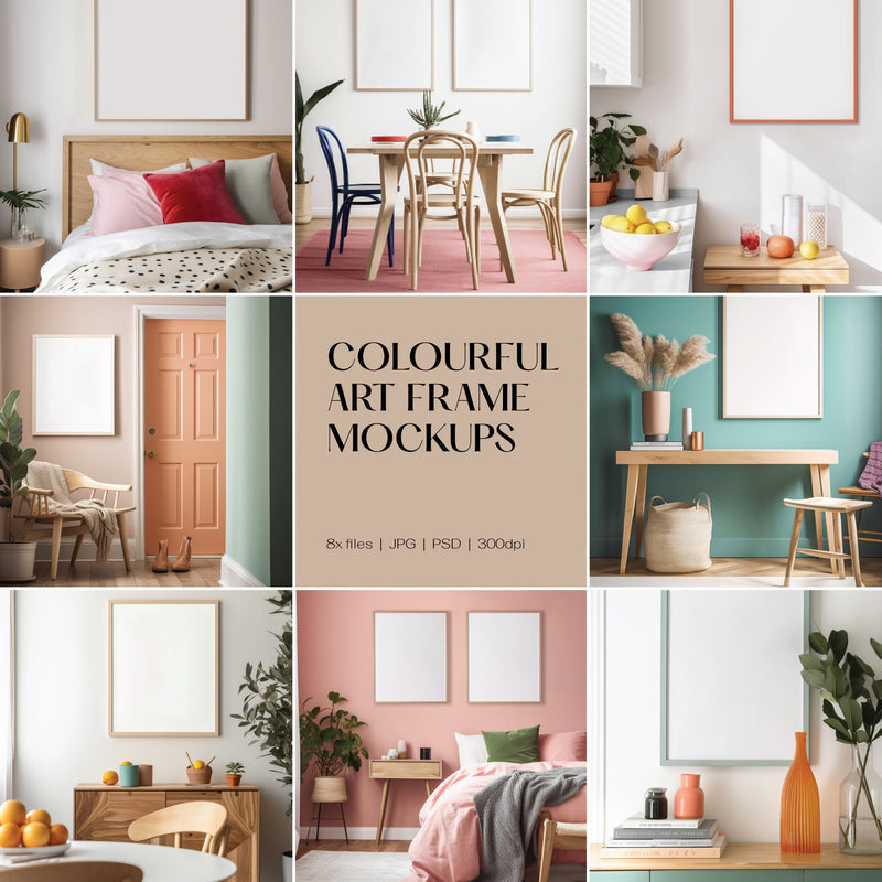 Colorful Frame Mockup Bundle PSD Bright Modern Interior Decor Colourful Wall Art Frames scandi style room