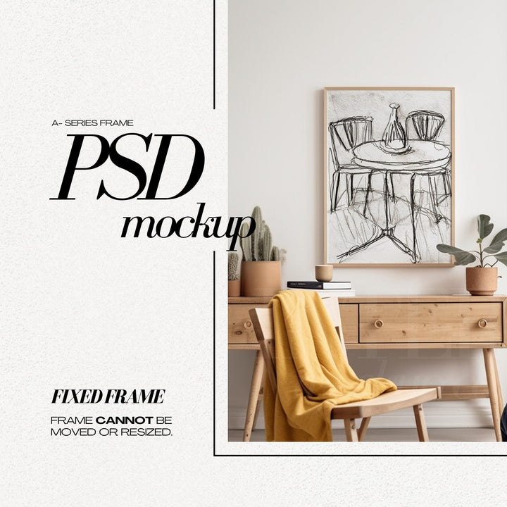 DIN A2 Frame Mockup PSD Vertical Frame in Colorful Bedroom