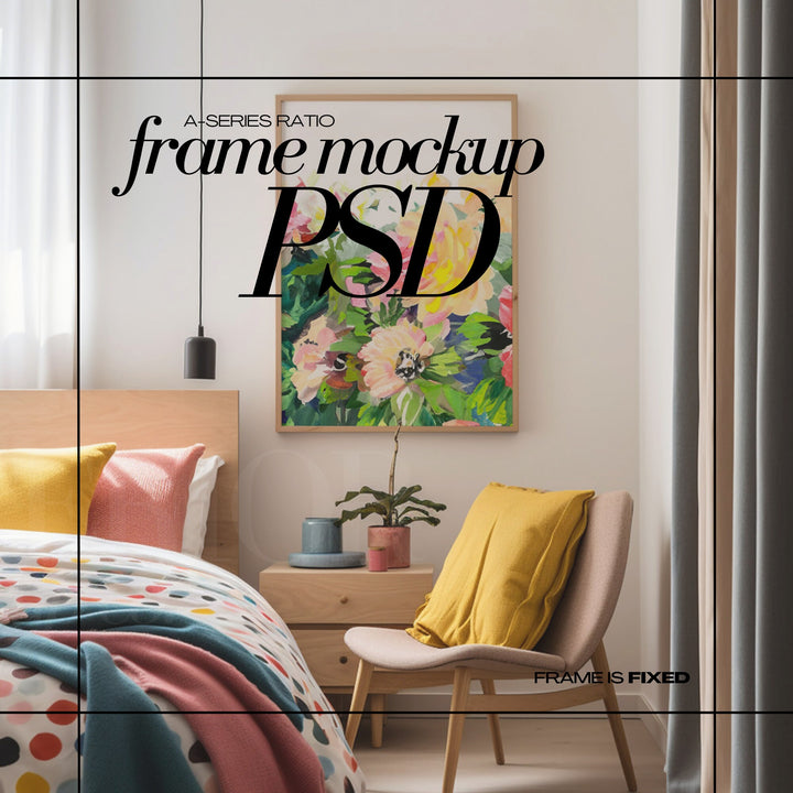 DIN A1 Frame Mockup PSD Vertical Wood Frames Mock up in Colorful Bedroom