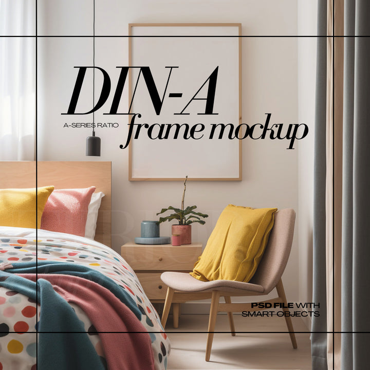 DIN A1 Frame Mockup PSD Vertical Wood Frames Mock up in Colorful Bedroom