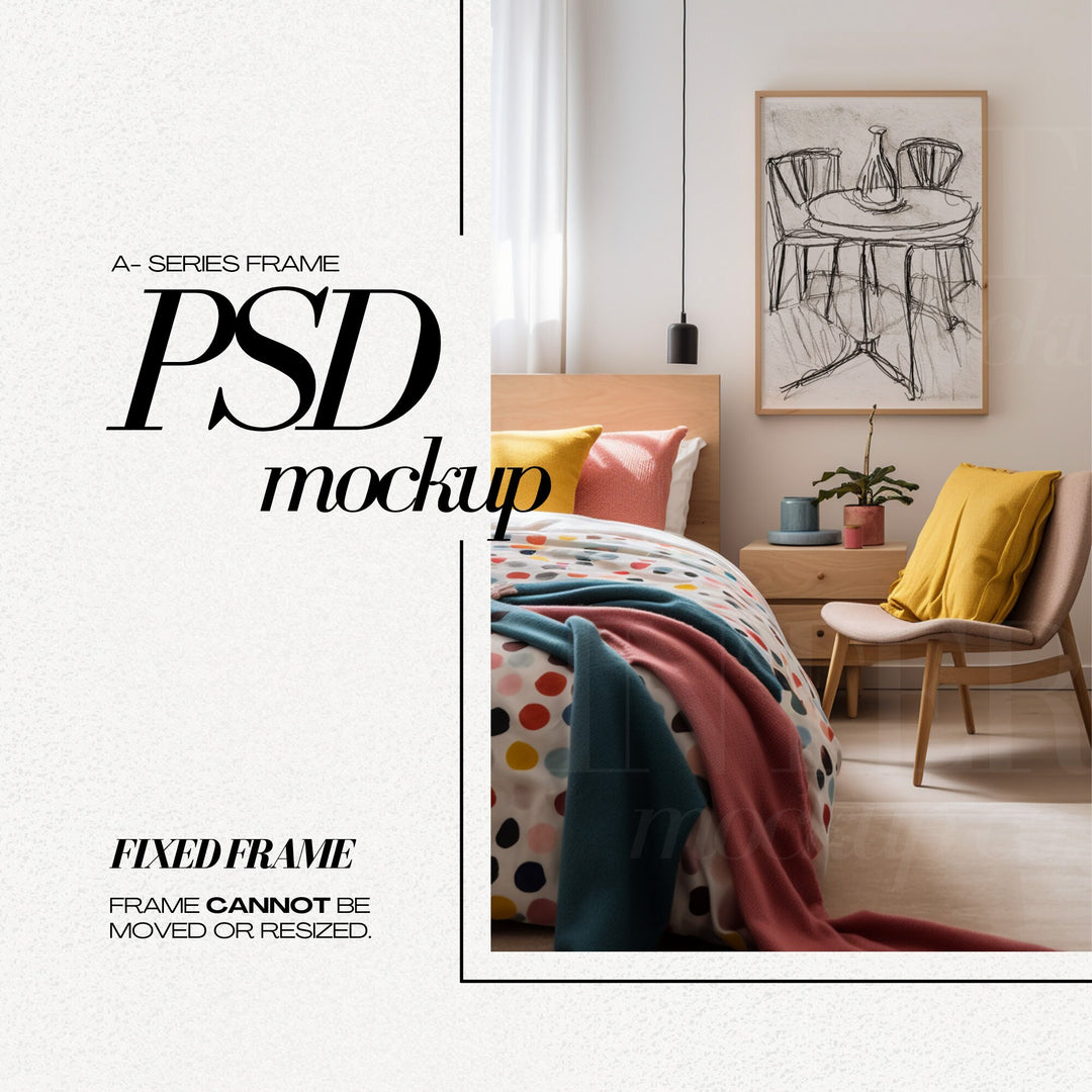 DIN A1 Frame Mockup PSD Vertical Wood Frames Mock up in Colorful Bedroom