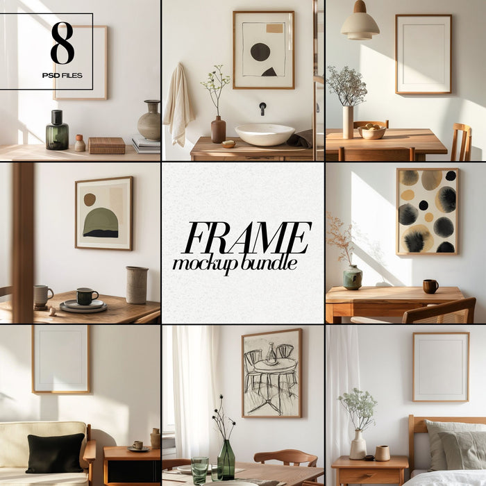 Modern Frame Mockup Bundle PSD Japandi Interior Style Wooden Frames Mock up Set for Wall Art